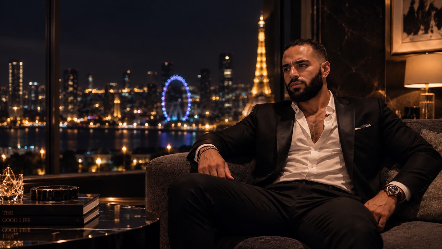 Sam Hijjah at night, city skyline and the Eiffel Tower through the window behind him